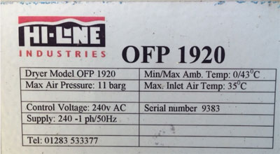Hi Line Dryer Data Plate Details 